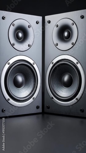 Pair of high fidelity black bookshelf speakers featuring silver woofer accents on a dark minimalist background