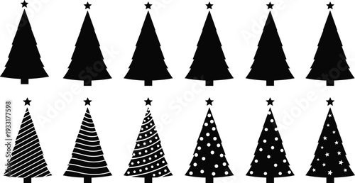 Set of Minimalist Christmas Tree Silhouettes with Star Toppers, Featuring Solid Black Designs and Various Decorative Patterns for Festive Holiday Graphics
