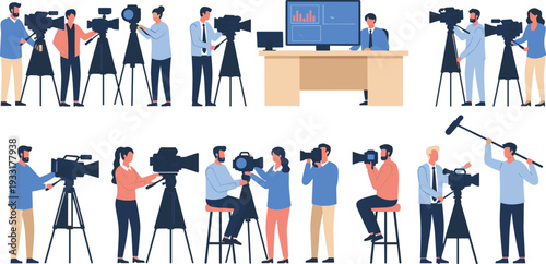 Professional camera operators and film crew working with video equipment
