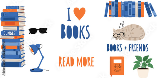Set of book lover elements with stacks of books reading cat and quotes
