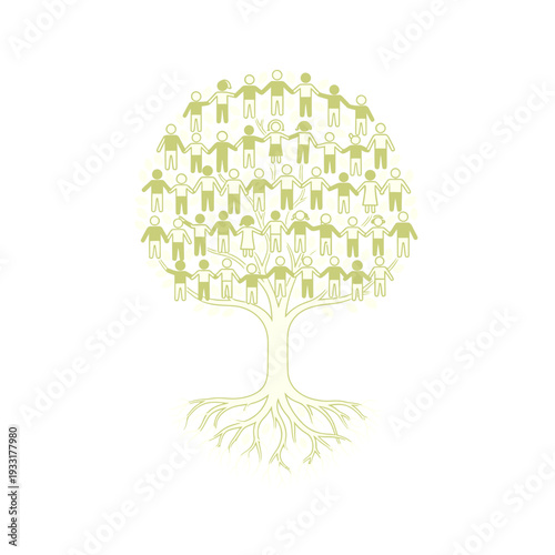 Community tree with interconnected people holding hands, symbolizing unity, social network, growth, and family relationships