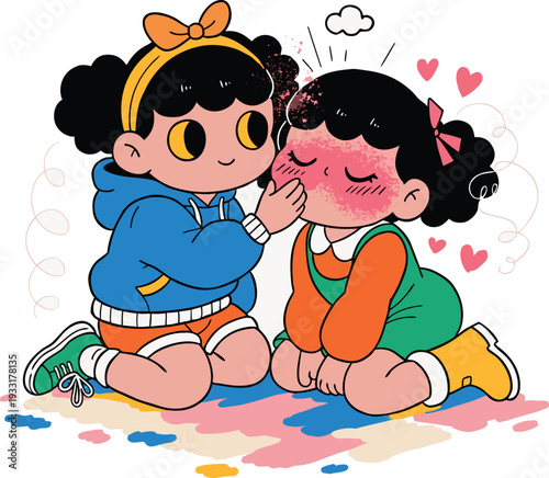 Cute Cartoon Girl Comforting Shy Friend Vector Illustration