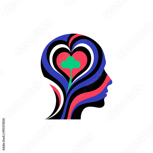 Human head profile with heart and clover plant inside representing mental health self love and positive mindset concept art on white backdrop