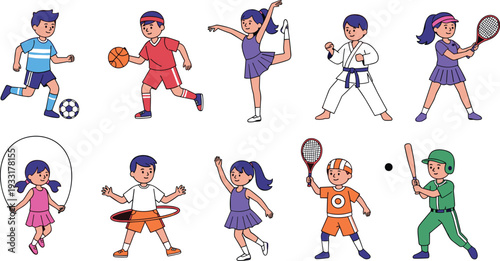 Set of diverse children characters playing different sports and physical activities