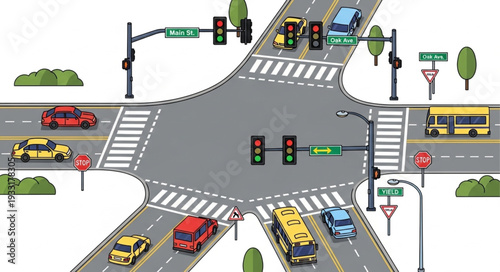 Roundabout Traffic Intersection with Vehicles.