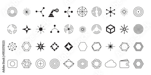 Collection of Various Geometric Shapes and Symbols Arranged in a Grid Pattern, Illustrating Diverse Concepts and Designs