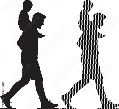 Father Carrying Child Silhouette Walking white background