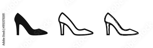 High Heel Shoes Vector Icon Set in Solid, Outline, and Hand-Drawn Styles