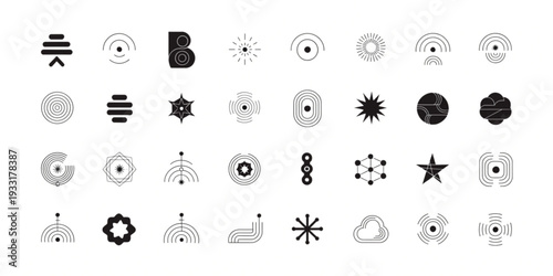 Collection of various abstract icons in grayscale on a clean white background, viewed directly from the front.