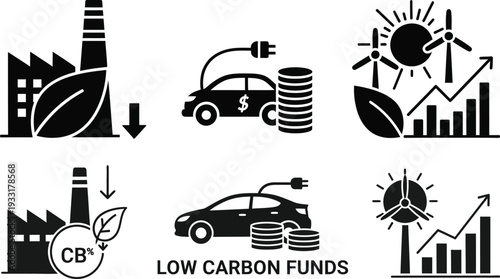 Conceptual icons for green finance, sustainable investment, and low carbon economy, emphasizing renewable energy, carbon reduction, and environmental responsibility
