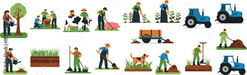 Set of diverse farmers working in agriculture and farming activities