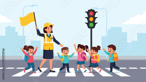 Professional traffic crossing guard helping a group of happy children cross the street at a pedestrian crossing with a city skyline background.