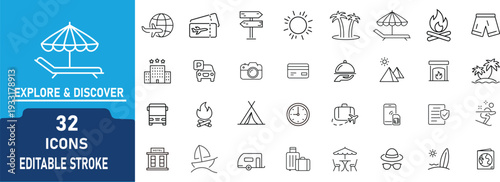Explore and Discover Travel and Tourism Concept Line Icons Set – 32 Editable Stroke Thin Outline Vector Icons for Vacation, Holiday, Adventure and Transportation