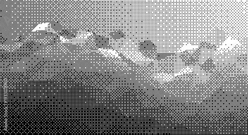 A halftone dot pattern vector graphic design with a mountain silhouette dither