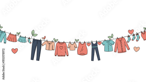 Long clothesline holding various colorful items of clothing like skirts, sweaters, and pants with heart and leaf accents.