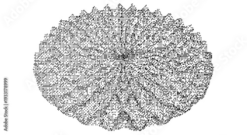 A black and white vector graphic illustration of a densely packed circular pattern made up of tiny dots on a plain white background dither