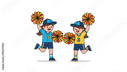 Two young cheerleaders in blue and yellow sports uniforms performing a high-energy routine with colorful pom-poms for a school event or game.