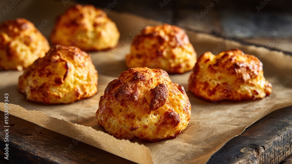 Fototapeta premium Rustic gougeres made with sharp smoked cheddar and a touch of sweet paprika, slightly darker golden hue, crisp exterior with subtle smoky aroma implied
