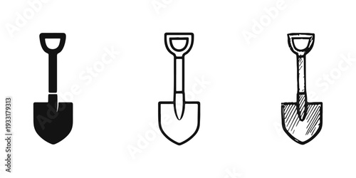 Garden Shovel or Spade Icon Set. Digging Tool for Gardening, Construction, and Farm Work.
