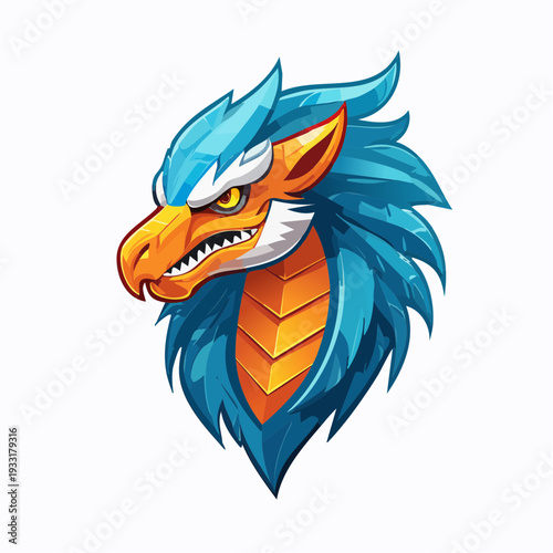 3D esports vector logo of feathered Yutyrannus, glowing flame-like feathers