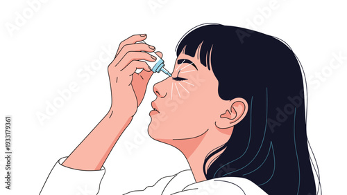 Side profile view of a woman carefully applying medicinal eye drops to her open eye to relieve dryness or irritation in a simple medical scene.