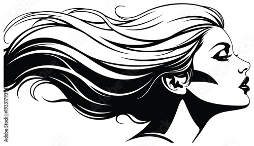 Vector art of a stylized black and white silhouette of a womans profile with flowing hair