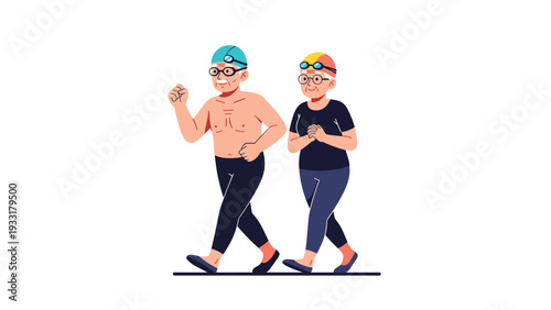 Active senior couple walking for exercise while wearing swimwear and swimming goggles on a white background, promoting a healthy lifestyle.