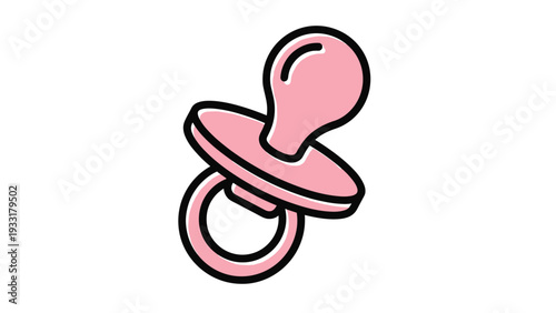 Simple pink baby pacifier icon with black outlines isolated on a clean white background, perfect for baby-related products or nursery themes.