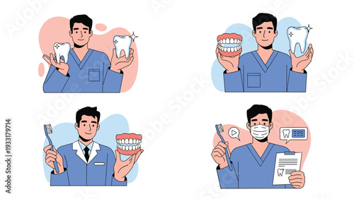 Male dentist presenting various dental health concepts like holding tooth models, dentures, and brushes in multiple poses.
