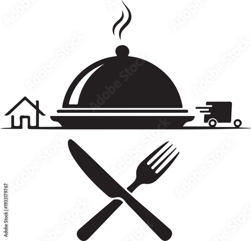 Food delivery service icon with silverware and house logo on transparent background