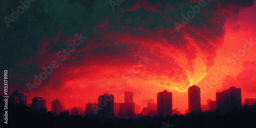 Meteor shower over city skyline at night with fiery asteroids in dramatic sky for disaster concepts, sci fi posters and climate awareness campaigns