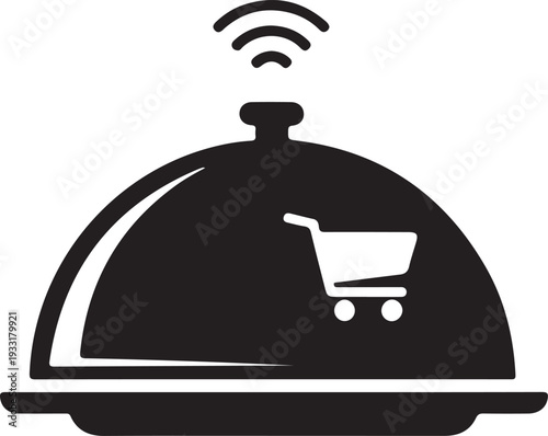 Online food delivery service icon with serving dish and shopping cart symbol together seamlessly