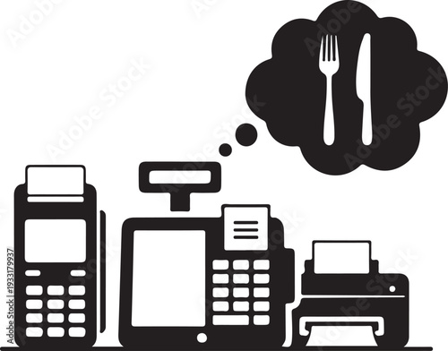 Pointofsale terminal and receipt printer with thought bubble above them containing a knife and fork