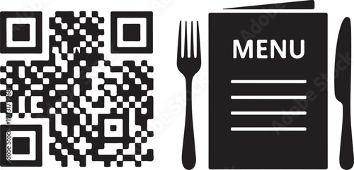 Qrcode next to fork and knife with menu card isolated on transparent background