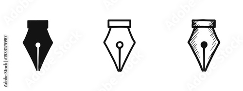 Fountain Pen Nib Icon Set in Solid, Outline, and Hand-Drawn Styles - Writing and Calligraphy Vector Symbols