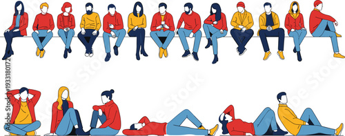 Set of diverse people sitting and relaxing in various casual poses