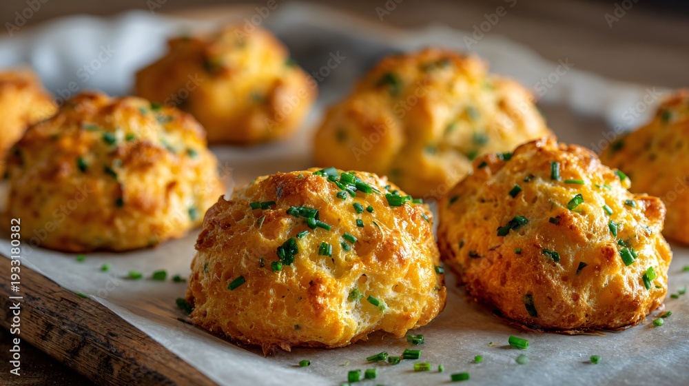 Fototapeta premium Sharp cheddar gougeres flecked with chopped fresh chives, crisp textured tops, arranged casually on baking tray with parchment paper, warm homestyle kitchen photography