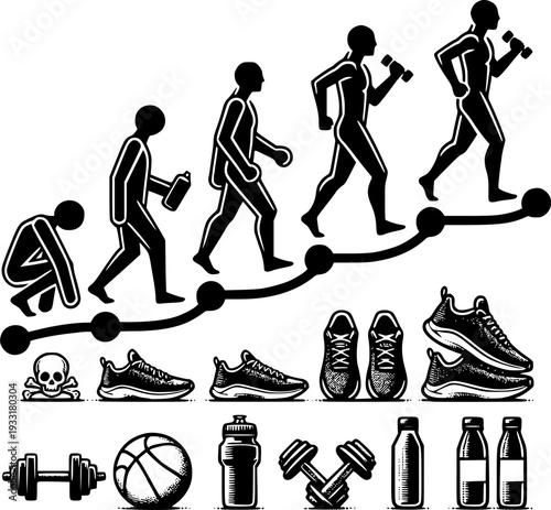 Fitness Evolution: A conceptual representation of physical transformation, depicting a figure evolving through various stages of fitness, using a set of symbols.