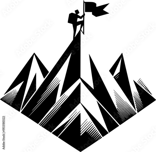Conquering Heights: A determined climber triumphantly plants a flag atop a jagged mountain peak, symbolizing aspiration, achievement, and overcoming obstacles.