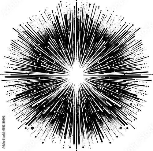Exploding Starburst Design: A dynamic black and white design features an explosive starburst, radiating energy from a central point. Capturing a sense of motion, speed, and raw power.