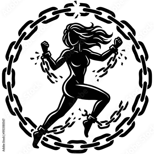 Empowered woman breaking free from chains in dynamic pose