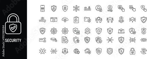 Comprehensive set of over 50 minimalist line icons focused on cybersecurity, data protection, network safety, and digital authorization.