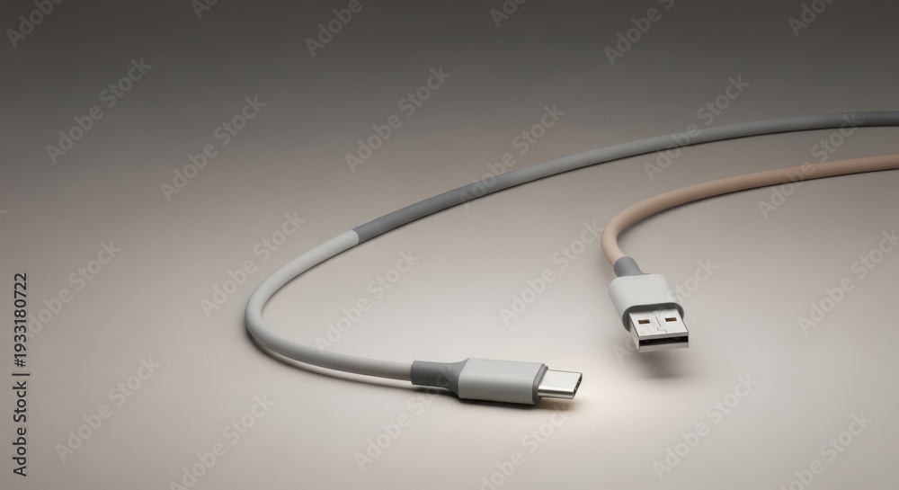 Obraz premium White USB cable connected to iPhone charger on neutral background minimal tech setup