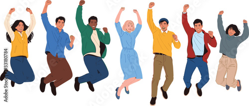 Set of happy diverse people jumping together celebrating success and joy