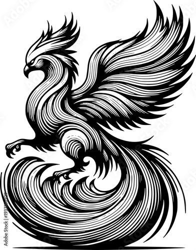 Mythical Phoenix in Flight: A captivating line art illustration showcasing a majestic phoenix in full flight, its wings spread wide and feathers detailed, evoking themes of rebirth and renewal.