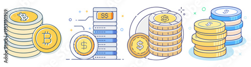 Gold and silver coin stacks with bank safe and digital finance icons flat design vector illustration