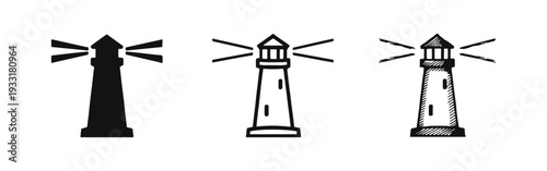 Lighthouse Icon Set with Radiant Light - Solid, Outline, and Hand-Drawn Styles