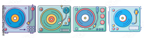 DJ turntable mixer sound audio equipment set flat design vector illustration icon pack