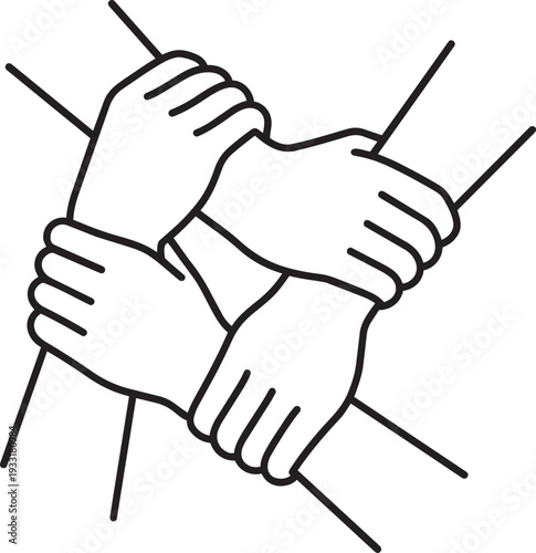 Four hands holding each others wrists outline icon for strong social solidarity unity and pledge