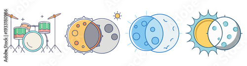 Music and seasons drum set vector icon pack flat design with planets and weather elements scalable illustration